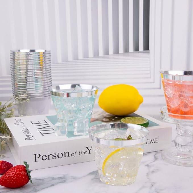WELLIFE 200pcs Silver Cups, 9OZ Clear Plastic Cups,Plastic Wine Glasses Disposable,Cocktail Glasses for Party and Weddings