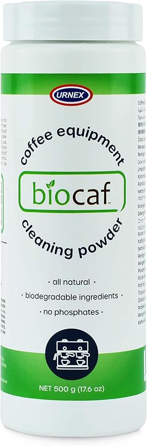 Urnex Biocaf Coffee Equipment Wash - 17.6 Ounce (100 Uses) - Safe Biodegradable Phosphate-Free for Use On Espresso Machines and Coffee Brewers Sustainable Renewable Eliminates Residue White