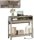 Console Table with Charging Station, 38” Narrow Side Foldable Sofa Table with Shelves, Side Table with Charging, Entryway Table with Anti-Tip Design,Rustic,Rustic Gray
