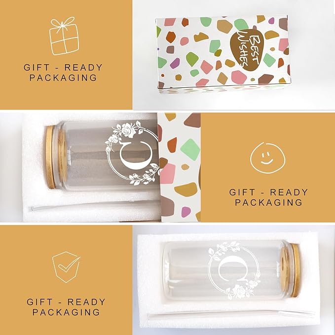 Birthday Gifts for Women, Monogrammed Initial Glass Cup Personalized Gifts for Women, 16oz Glass Cups with Lids and Straws, Iced Coffee Cup, Beer Can Shaped Glass - Gifts for Christmas, Birthday, C