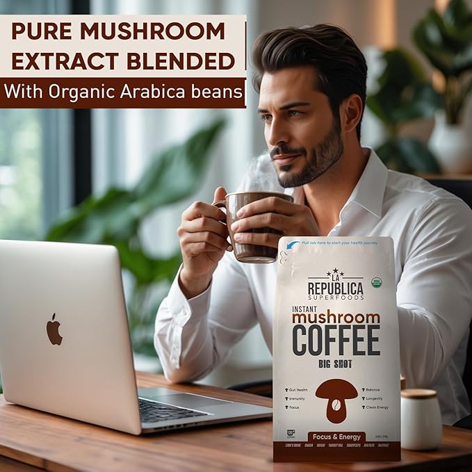 La Republica Big Shot Instant Mushroom Coffee Organic (120 Servings) with Lion's Mane, Reishi, Chaga, Cordyceps, Maitake, Turkey Tail