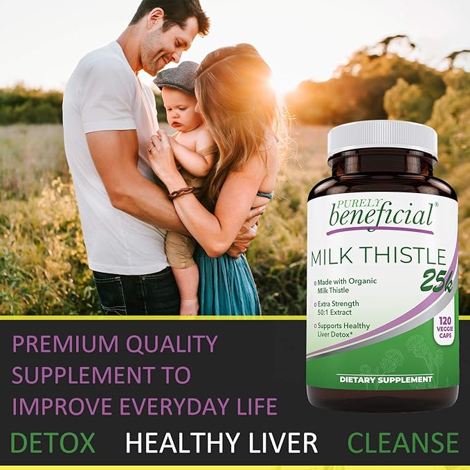 PURELY beneficial Organic Milk Thistle Capsules, 50:1 Milk Thistle Extract, Silybum Marianum 25000 mg Strength, Liver Cleanse & Antioxidant Support, 120 Veg Capsules, Vegan & Non-GMO