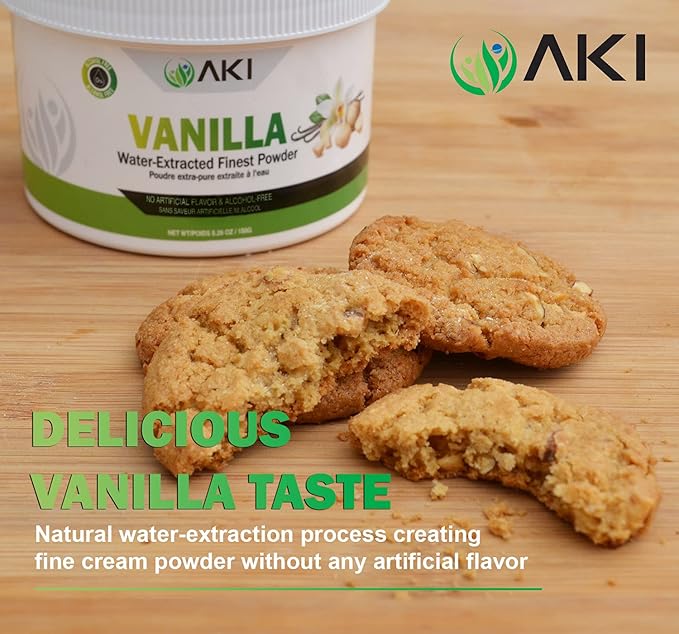 Aki Fine Vanilla Powder Extract From Beans (5.29oz/150g) - Water Extracted Powder Ideal For Baking, Cooking Flavoring - Delicious Vanilla Flavor & Easy to Add in Smoothies & Coffee, Non-GMO & Alcohol-Free