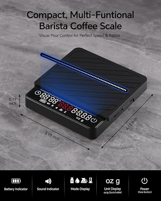 Espresso Coffee Scale with Timer and Flow Rate - MUVNA 2kg/0.1g Precision Rechargeable for Pour Over, Coffee Bean Weight, Mini Portable LED Display 4 Modes, Black