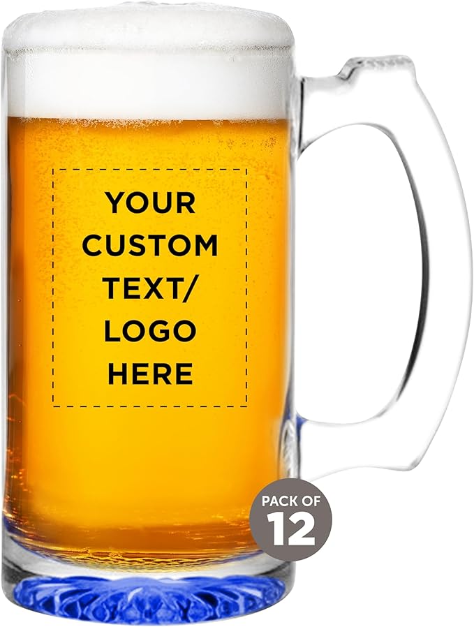 12 Libbey Beer Mugs Set, 12 oz. - Customizable Text, Logo - Groomsmen Glassware - Blue