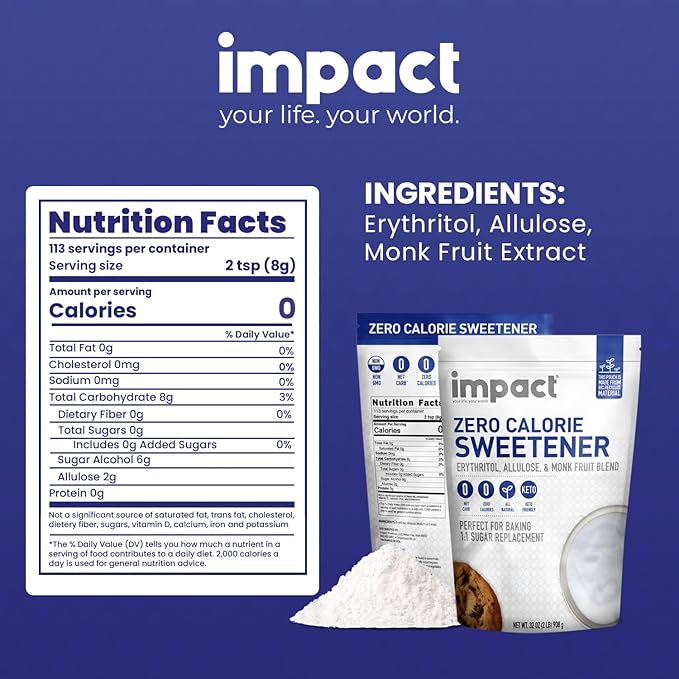 Impact Allulose, White Monk Fruit & Erythritol Sweetener Blend - Gluten Free, Zero Calories, Keto, Vegan, Non-GMO - 1 is to 1 Sugar Substitute - 2lbs