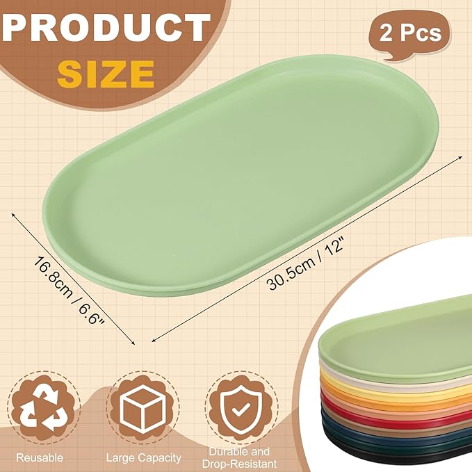 uxcell 2Pcs Fast Food Serving Trays, 12x6.6 Oval Reusable Restaurant Serving Trays for Kitchen Restaurant Coffee Fruit Burger Lunch Dessert, Cream Green