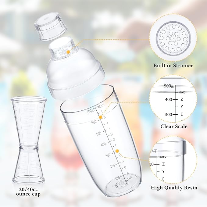 Uiifan 6 Pcs Plastic Cocktail Shaker Set 4 Pcs 17 oz 24 oz Hand Drink Mixer and 2 Ounce Cup with Measurements Mixing Tool for Bar Party Tea Coffee Milk