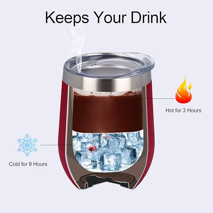 6 Pack Stainless Steel Wine Tumblers, 12Oz Insulated Wine Tumbler, Double Wall Insulated Wine Glass, Stainless Steel Stemless Wine Cups with Lids for Coffee, Wine, Cocktails, Champaign, Wine Red