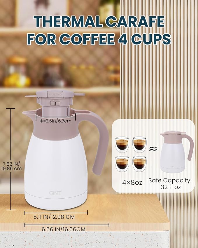 GiNT 1L / 34Oz Thermal Coffee Carafe, Insulated Stainless Steel Coffee Carafes for Keeping Hot/Double Walled Vacuum Thermal Carafe (White)