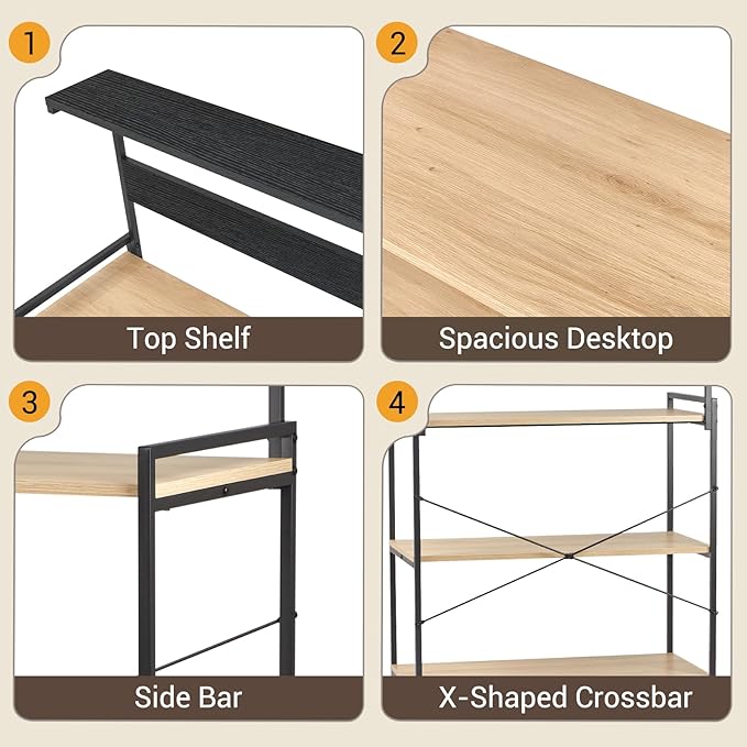 4-Tier Kitchen Baker's Rack with Power Outlet, Microwave Stand and Storage Shelves, Coffee Station Organizer (White Maple and Black)