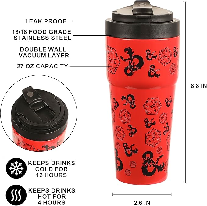Bioworld Dungeons & Dragons D20 Dice & Logo Red 27 Oz Stainless Steel Travel Coffee Tumbler