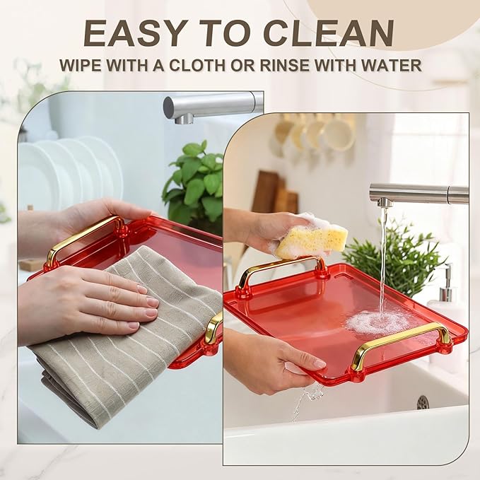 uxcell Plastic Serving Tray with Golden Handle, 16 x 8.7 Modern Rectangular Decorative Tray Acrylic Reusable Tea Platter for Countertop Bathroom Kitchen Home Restaurant, Gold