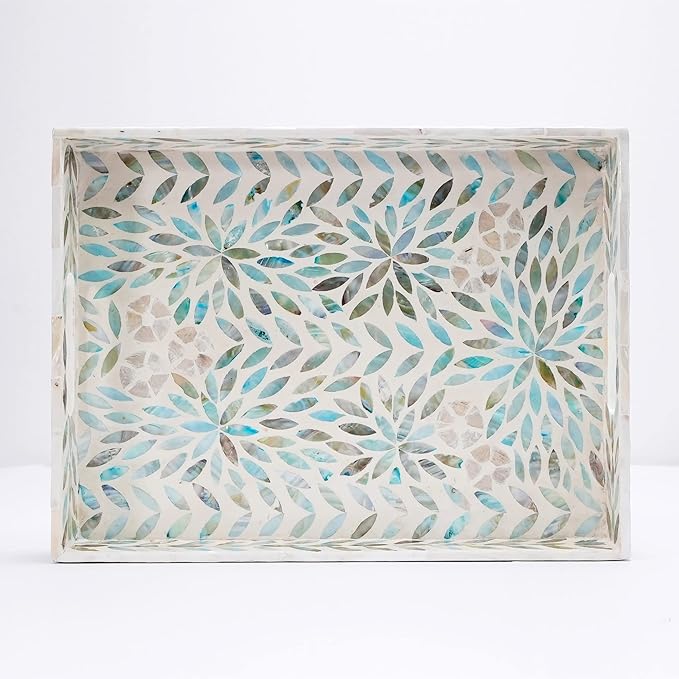 Serving Trays Handmade Trays for Serving Mother of Pearl Inlay Decorative Tray Room Decor, Coffee Table Tray Set of 2 Trays Decor for Ottoman Length 16'' and 14''