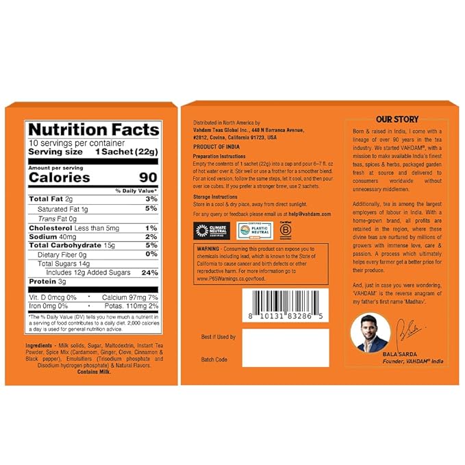 VAHDAM Instant Chai Latte - 10 Sachets (7.7 Oz / 220g) | Authentic Indian Chai with Natural Spices | Just Add Water, No Steeping Required | Creamy Chai Latte Anytime