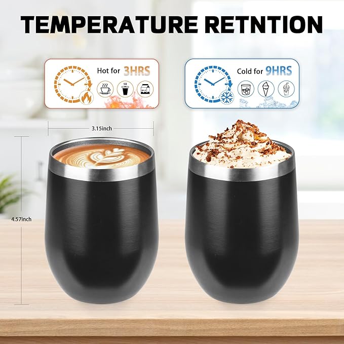 StarSpeed 12oz/8 Pack Wine Tumbler with lid, Stainless Steel Travel Mugs Stemless Double Wall Insulated Coffee Cup, Insulated Wine Glasses Travel Tumbler for Cold & Hot Drinks(Black, 8)