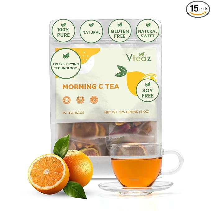 Vteaz Premium Morning C Loose Leaf Tea, 15 Bags - 45 Cups, Whole Fruit Organic Tea, Non-GMO Caffeine Free, Gluten Free, Natural Ingredients with Freeze-drying Technology, Vitamin C, Immune Support