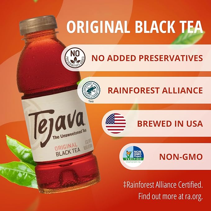 Tejava Original Unsweetened Black Iced Tea, 12 Pack, 16.9oz PET Bottles, Non-GMO, Kosher, No Sugar or Sweeteners, No calories, No Preservatives, Brewed in Small Batches
