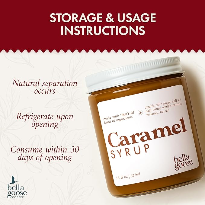 Bella Goose Salted Caramel Coffee Syrup (16oz) - Homemade Pure Cane Sugar Syrup for Lattes, Desserts, & Ice Cream - Clean Ingredient - No Artificial Flavors, Oils, Dyes, Preservatives - Syrups for Coffee Drinks