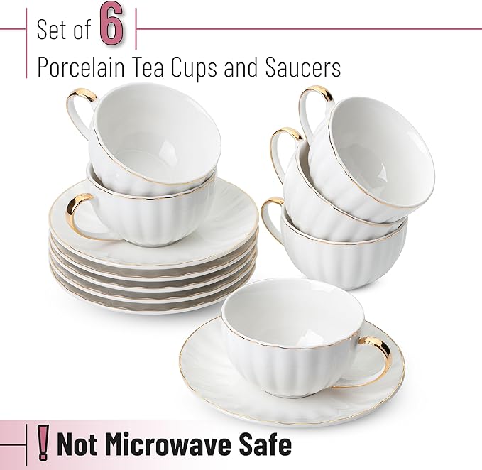 BTaT- White Tea Cups and Saucers with Gift Box, 7oz, Set of 6 Tea Cups Set of 6 with Gold Rim, Christmas Gifts