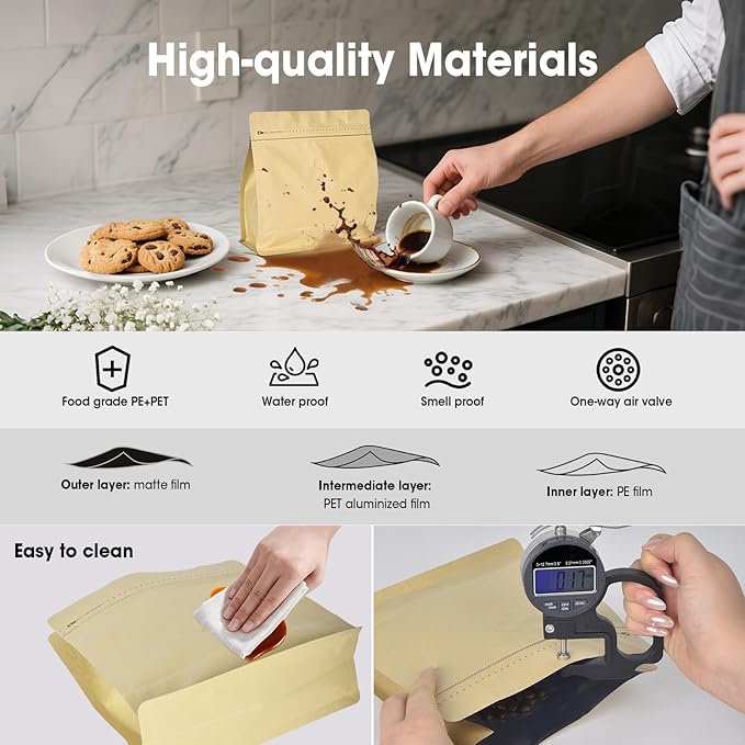 50 Count 16oz Coffee Bags with Valve,1lb Vented Coffee Beans Packaging Bags High Barrier Aluminumed Foil Flat Bottom Heat Sealed Side Zipper Resealable Storage Bag for Home or Business（Kraft paper）