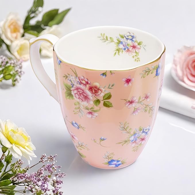 13oz Bone China Floral Mug with Gold Bone China Coffee Mugs Bone Teacup Christmas Mugs Birthday Gifts for Women Mom Friends Coworker