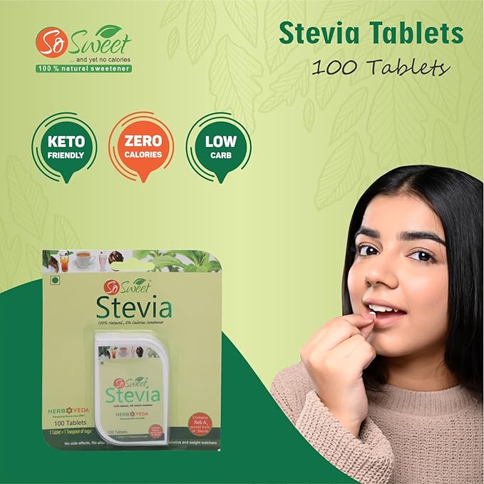 So Sweet Stevia 100 Tablet - Natural Sweetener, Zero Calories, Keto-Friendly, Organic Sugar Substitute, No Artificial Flavors, Convenient Travel Size