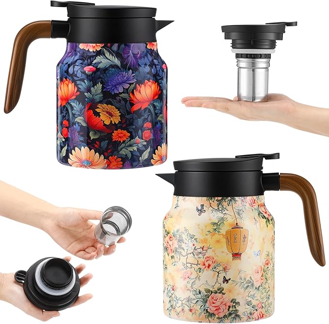 LemonRoad 2 Pcs Vintage Floral Pattern Tea Pot, Vintage Teapot with Infuser, Floral Pattern Tea Pot with Lid, Wooden Handle Thermal Carafe for Hot Drinks Coffee(Pink, Orange)