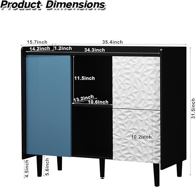 35" Small Sideboard Storage Cabinet with Storage, Storage Cabinet with Adjustable Shelf, 2 Drawers, 1 Blue Door, Modern Coffee Bar Cabinet for Dining Room, Living Room