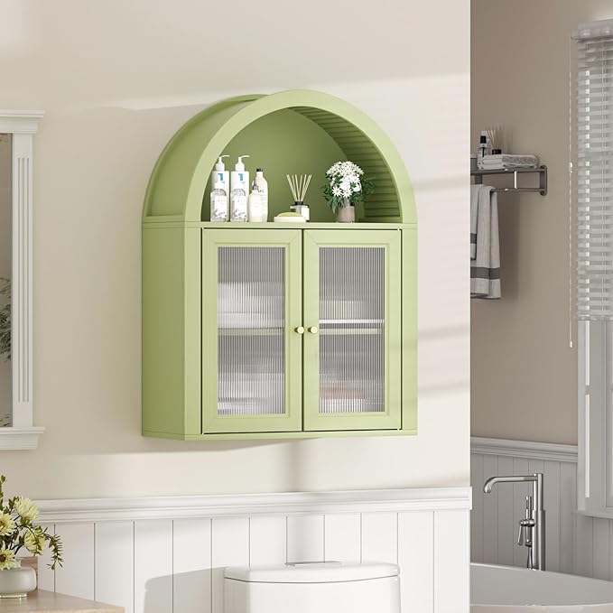 Arched Bathroom Cabinet, Wall Mounted Bathroom Cabinet with Tempered Glass Doors and Adjustable Shelf, for Kitchen, Living Room, Laundry Room, Restroom, Green