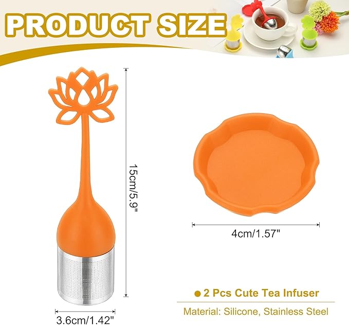 uxcell 2 Pcs Lotus Tea Infuser, Stainless Steel Loose Leaf Tea Steeper Filter with Silicone Handle Reusable Thin Pores Mesh Strainer Diffuser for Teacups Teapots Mugs, Orange