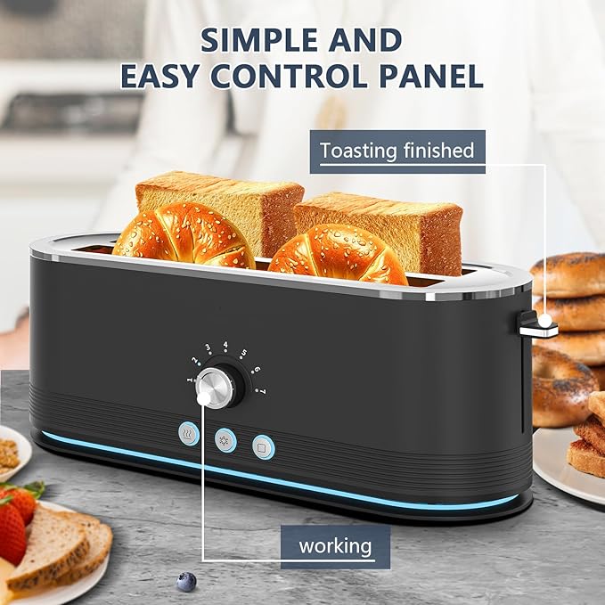 4-Slice Toaster, 7 Browning Settings, Removable Crumb Tray, Full body Stainless Steel Housing 1350W ，Anti-Fingerprint & Anti-Jam,Black