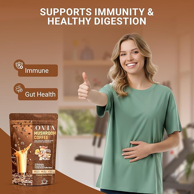 OVIA Natural 10 Mushroom Coffee with 3500mg for Weight Management, Focus & Gut Health - Daily Dose Ten Mushroom Coffee for Clean Energy - Low Caffeine Adaptogenic Instant Coffee with Lion’s Mane,Chaga
