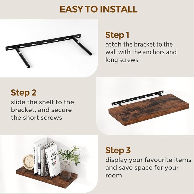 32 Inch Floating Shelves, Wall-Mounted Bathroom Shelves Set of 2, 9.3 Inch Deep Floating Shelf Bookshelf for Living Room, Bedroom, Heavy-Duty Deep Storage Shelf for Wall, Rustic Brown Color