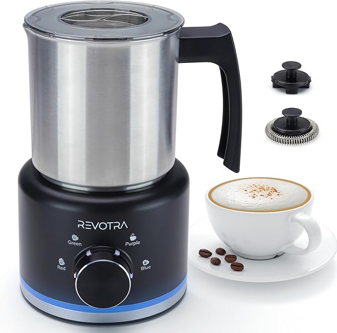 Milk Frother and Steamer, 500ml 4-in-1 Electric Foam Maker with Dial Control & LED Indicator, Hot & Cold Milk Frother, Non-Stick Stainless Steel, Silent, Easy to Clean, for Coffee, christmas gift
