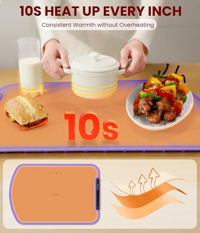 Warming Mat for Food, VEPOKA Food Warmer Mat for Countertop, Electric Warming Tray with 7 Temp Levels & Auto Shut-Off, Food Warmers for Parties, Ideal Gift for Kitchen & Buffet Use