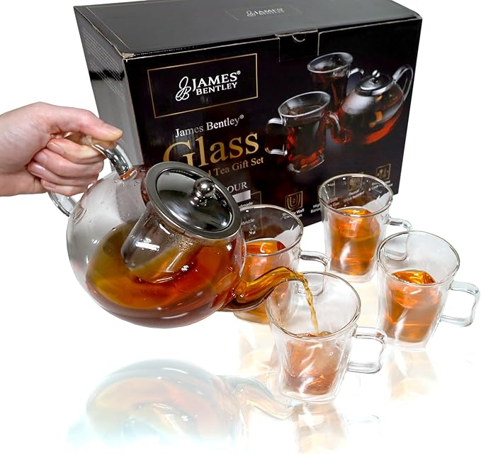 40 Oz Unique Glass teapot Set with 4 double wall insulated Cups, Tea Kettles for Stovetop With Infusers For Loose Tea, Perfect Mom Gift