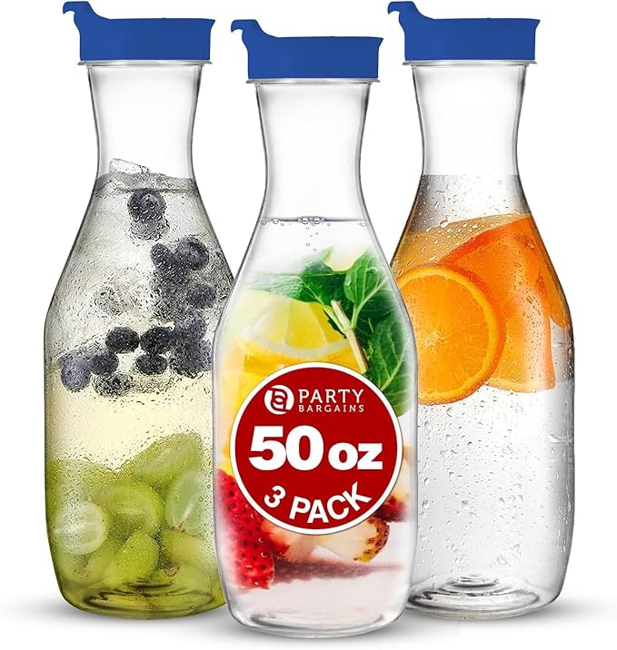 PARTY BARGAINS 50 oz. Plastic Carafe with Lids - Clear, 3 Count, Blue Flip Tab Lid Premium Quality & Heavy Duty Plastic Pitcher for Iced Tea, Powdered Juice, Cold Brew, Mimosa Bar Blue Cap