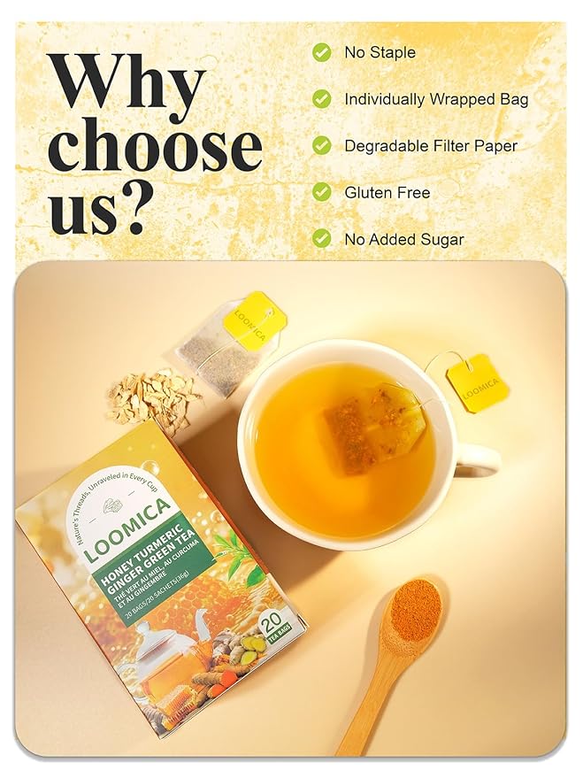 LOOMICA Honey Turmeric Ginger Green Tea, Naturally Caffeinated, Smooth Green Tea Blend with Golden Spice & Honey Flavor, Naturally Uplifting, No Artificial Sugar Added, 20 Count