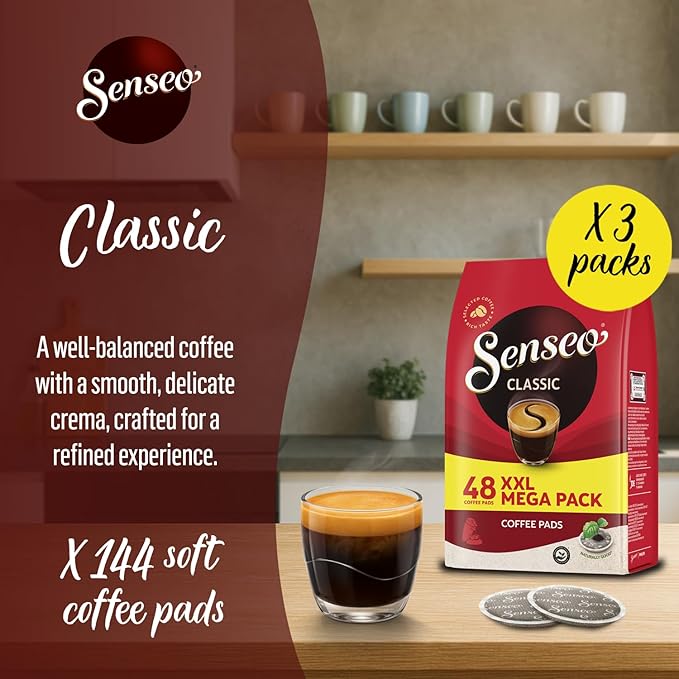 Senseo Classic Medium Roast Coffee Pods – 144 Count (3 Packs) – Smooth, Balanced Flavor with Rich Crema – Single-Serve Pads Compatible with Senseo & PeleCom Machines