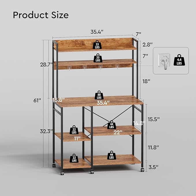 Kitchen Bakers Rack with Storage，Microwave Stand with Wheels，with Adjustable Shelves，Kitchen Shelves，Coffee Bar with 10 S-Shaped Hooks，35.4 * 15.8 * 61 Inches，Rustic Brown