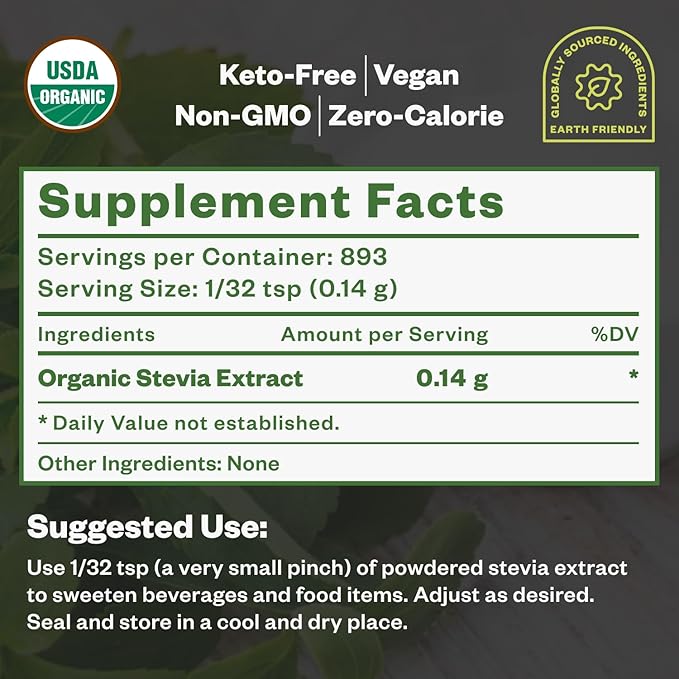 Purisure Stevia Concentrated Powder,125 g, Premium Zero Calorie Sweetener - Powdered Pure Stevia Extract, Natural Powder for Baking - No Aftertaste, Non-GMO, Keto Friendly- 846 Servings