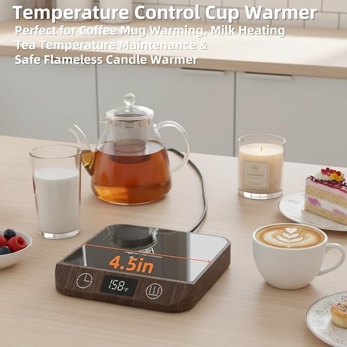 Coffee Mug Warmer, 20W Fast Heating & Constant Temperature Control, 6-Temp Settings, 1-12H Timer, Candle Warmer, Compatible with Various Cups for Coffee, Tea, Milk (Wood)