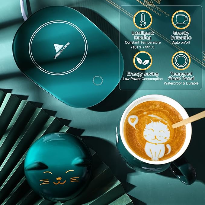 Honeydak Coffee Mug Warmer Cute Cat Mug Set Cup Warmer for Desk for Women Heated Coffee Warmer for Mom Home Office Christmas Birthday Gifts(Green)
