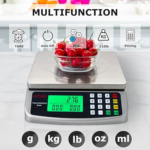 110lb/50kg Food Scale, Large Digital Kitchen Scale with Hold Mode, Tare, PCS, 0.05oz/1g Price Computing Commercial Scale 5 Units, 304 Stainless Steel for Baking, Cooking, Meat, Counting Adapter (Inc.)