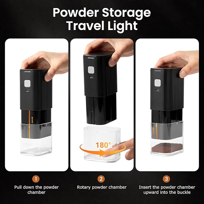 VEVOK CHEF Portable Mini Electric Coffee Grinder,Adjustable Stainless Steel Burr Coffee Bean Mill,One-Button Grinder with USB Rechargeable,Auto‑Stop for Espresso to French Press,for Outdoor Use(Black)