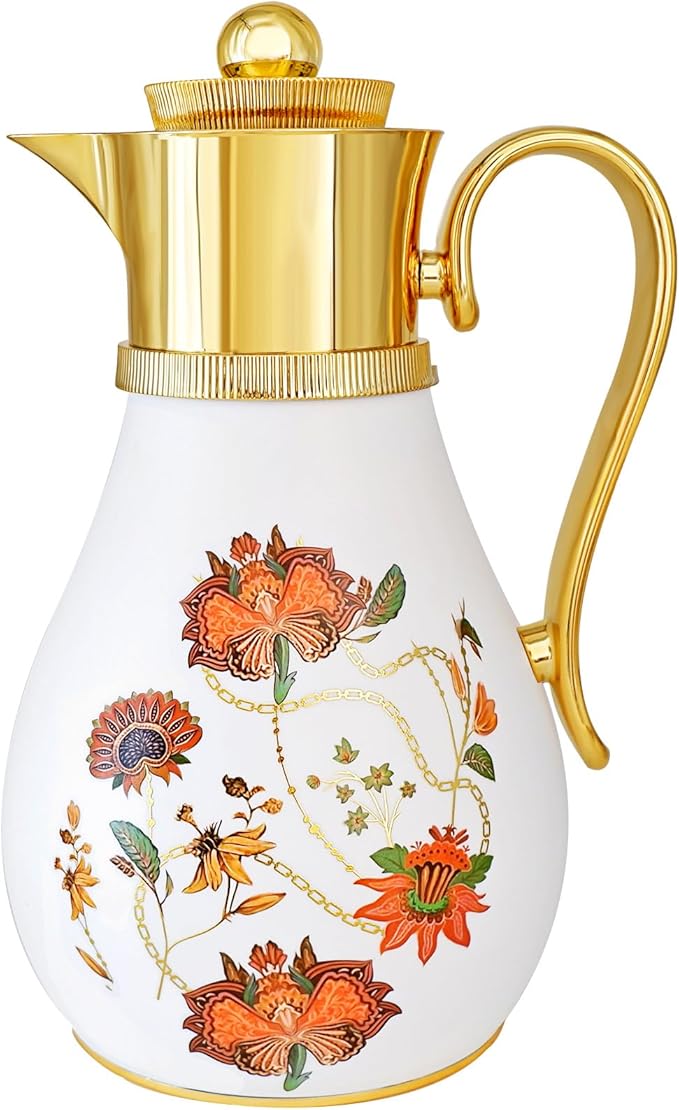 Arabic-Style Insulated Thermal Coffee Carafe, 33 oz, Coffee Pot,Insulated Carafe Flask for Hot Cold Drink Tea,Housewarming Ornaments (Flower)