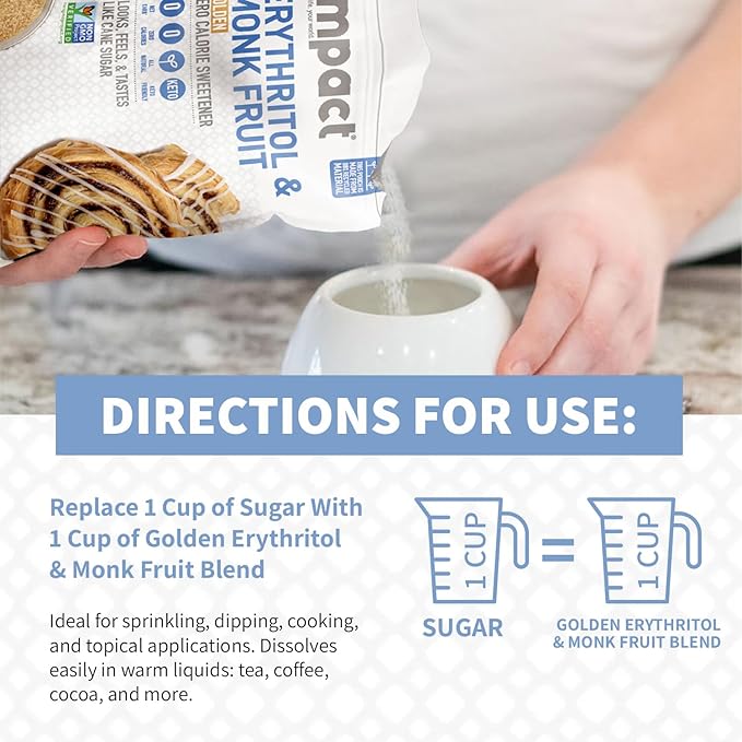 Impact - Golden Erythritol & Monk Fruit - Zero Calorie Sweetener, Sugar-Free, Non-GMO, Net Carb Free, Zero Glycemic, Baking Use - 1lb Resealable Bag