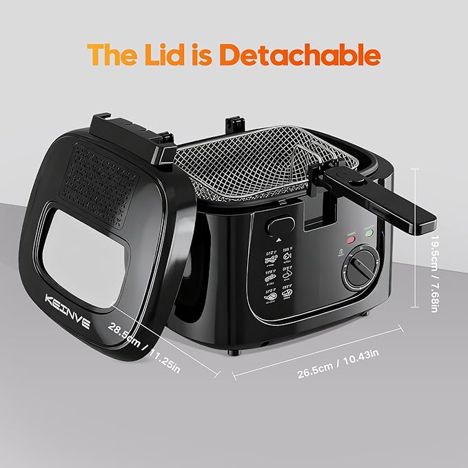 1500W Electric Deep Fryer with Adjustable Temperature Control, 2.5L Non-Stick Basket & Viewing Window, Folding Handle and Locking Cover for Easy Storage, Black