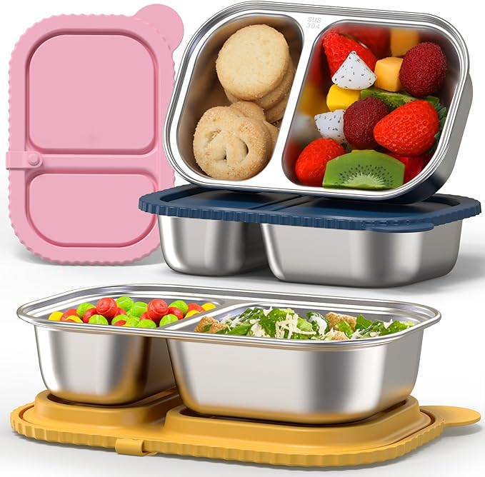 3 Pack Stainless Steel Snack Containers with Silicone Lids, Reusable 2 Compartment Food Storage Containers, Stainless Steel Box for School, Office, Travel